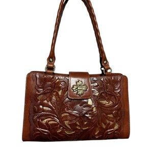 Patricia Nash Rosina Tooled Leather Satchel Tan Brown